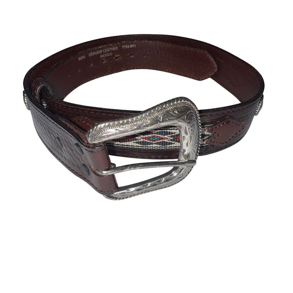 Mens Western Belt Brown Leather Aztec Inlay Silver Buckle Size 36/90 - Picture 1 of 5